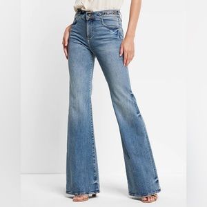 Express Mid Rise Medium Wash Horsebit '70s Flare Jeans